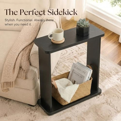 Narrow Side Table for Small Spaces, 7.9" Slim End Table with 2-Tier Open Storage Shelf, Modern Skinny Wood Sofa Table for Living Room, Bedroom, Nightstand, Couch (Black) - color: Black