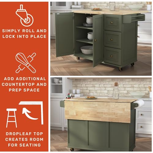 Homestyles Mobile Kitchen Island Cart with Wood Top and Dropleaf Breakfast Bar, 18" D x 53.5" W x 36" H, Green - color: Green