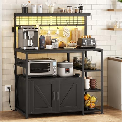 TVU Bakers Rack with Power Outlet and LED Light, Microwave Stand with Storage Cabinet, Coffee Bar Cabinet Station with 6 Hooks for Kitchen, Dining Room, Living Room, Coffee Bar, Black - color: Black