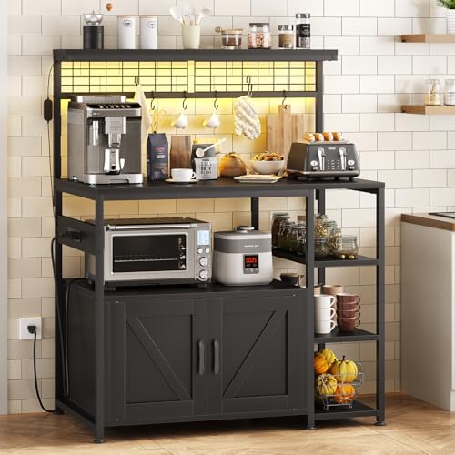 TVU Bakers Rack with Power Outlet and LED Light, Microwave Stand with Storage Cabinet, Coffee Bar Cabinet Station with 6 Hooks for Kitchen, Dining Room, Living Room, Coffee Bar, Black - color: Black