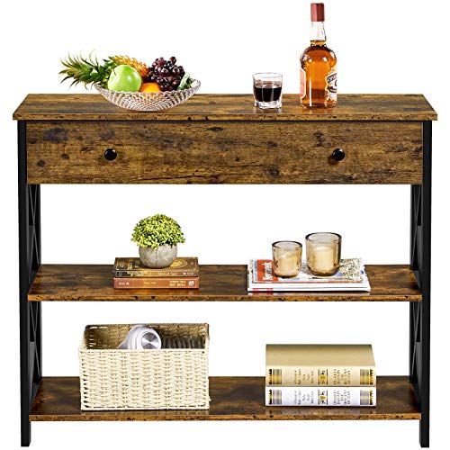 Topeakmart Wood Console Table with Drawer & Storage for Living Room, Industrial Console Table for Entryway, 3 Tier Sofa Table Hallway Table with Bookshelf, Rustic Brown - color: Rustic Brown, style: without Power Outlet
