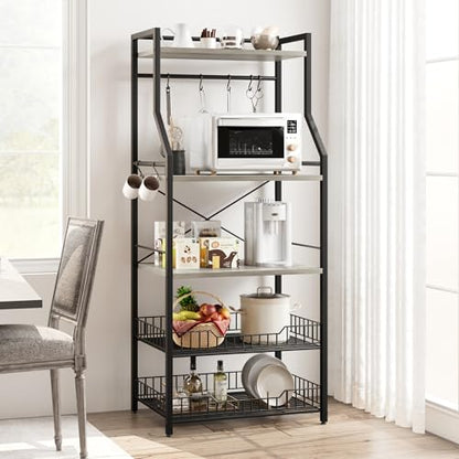 Patikuin 60cm Compact Kitchen Bakers Rack, 4-Tier Double-Frame Microwave Stand with Storage Shelves, Sturdy 20mm Square Tube & PB Board Construction, Black & Gray Freestanding Appliance Organizer
