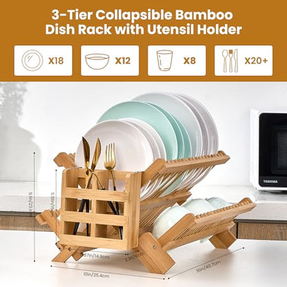 NOVAYEAH Bmaboo Dish Drying Rack for Kitchen Counter 3-Tier Collapsible Wooden Dish Drying Rack with Utensil Holder Dish Drainer Large Folding Dish Rack with Utensils Flatware Holder 51 pcs Grid - color: 3-tier Upgrade (Bamboo)