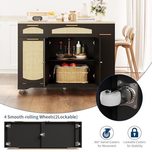 IDEALHOUSE 53.1" Rattan Kitchen Island with Storage, Rolling Dining Cart with Trash Storage Cabinet, Mobile Island Cart with Drop Leaf, Adjustable Shelves, Drawer, 5 Wheels (Black) - color: Black