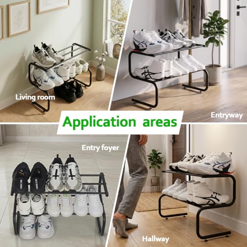 Black Metal Shoe Rack, 2 Tier 5-Shaped Shoe Storage Organizer, 24” Wide Compact Shoe Shelf for Entryway, Closet Floor, Hallway, Small Spaces, Free Standing Front Door Entrance Shoe Shelves