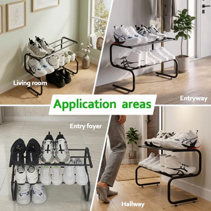 Black Metal Shoe Rack, 2 Tier 5-Shaped Shoe Storage Organizer, 24” Wide Compact Shoe Shelf for Entryway, Closet Floor, Hallway, Small Spaces, Free Standing Front Door Entrance Shoe Shelves