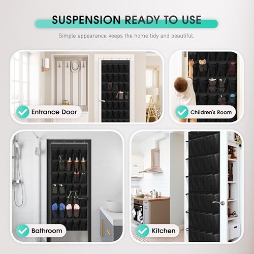 WVM Over the Door Shoe Organizer with 35 Breathable Mesh Pockets, Hanging Shoe Organizer for Door with 4 Metal Hooks, Large Capacity Closet Storage for Shoes, Accessories - style: Black