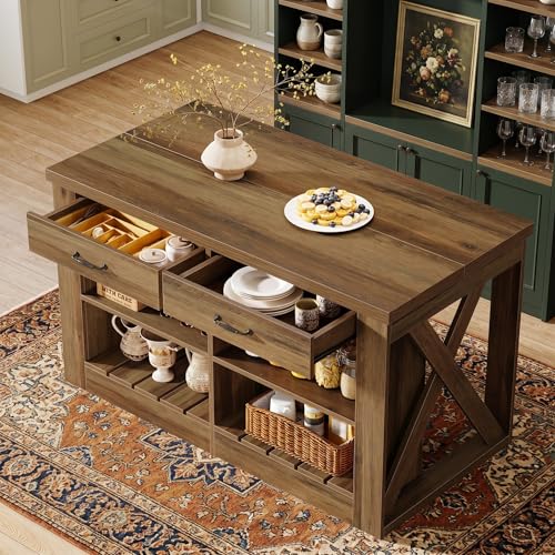 Tribesigns 55" Kitchen Island with Storage Drawers and Shelves, Farmhouse Large Island Table for Kitchen, Dining Room