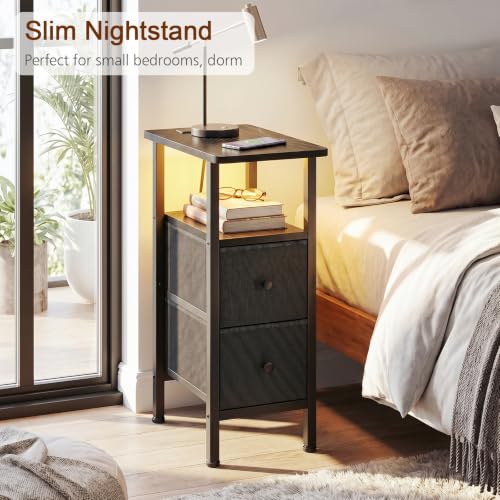 LOAKEKEL Narrow Nightstand with Charging Station, End Tables Living Room | Set of 2, Skinny Side Table with 2 Fabric Drawers, Small Sofa Table with LED Light for Bedroom, Black - color: Black, style: Power + Light