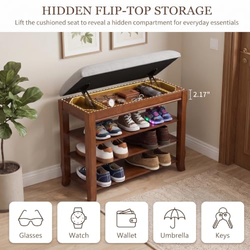 Solid Wood Shoe Bench with Storage, Flip-Top Soft-Close Lid, Adjustable Shelves, Cushioned Entryway Shoe Rack Organizer, 23.6" - size: 23.6"