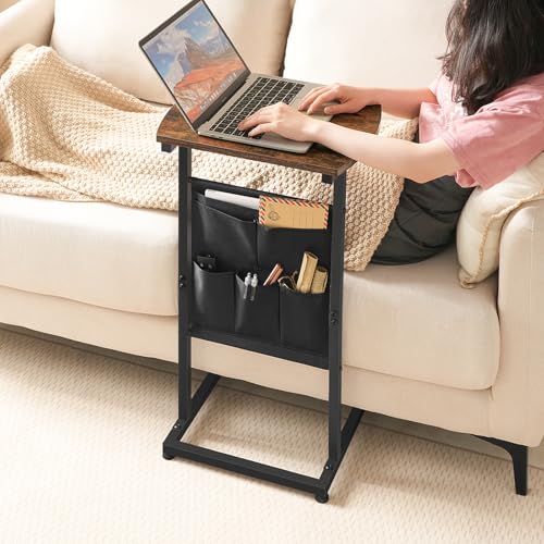 HOOBRO C Shaped End Table, 28.3" Side Table for Small Spaces, Couch Table, Slide Under Sofa Tray Table, Storage Bag, for Living Room, Bedroom, Rustic Brown and Black BF40SF01 - color: Rustic Brown + Black
