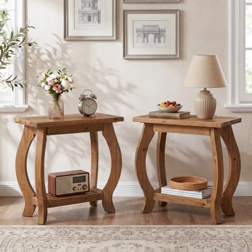 Narrow Side Table, 2-Tier Solid Wood End Table with Storage Shelf, Curved Legs Farmhouse Nightstand for Small Spaces, Bedroom, Living Room,(2,Brown)