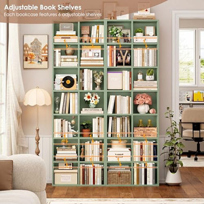 FOTOSOK 71'' Tall Bookshelf with 14 Cubes, 7 Tier Double Wide Bookshelf with 6 Adjustable Shelves, 19.6" Narrow Bookcase DVD/CD Media Storage Shelf, Space Saving Display Shelf Cabinet, Green - color: Green
