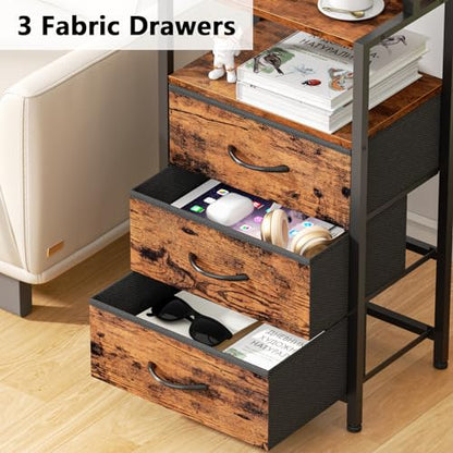 Night Stand with Charging Station, Tall Nightstand, LED Lights | 4-Tier Shelves and 3 Fabric Drawers, Bedside Table for Bedroom, Hallway, Office, Rustic Brown - color: Rustic Brown, size: 3 Drawer