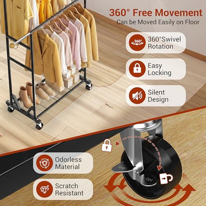 Rolling Garment Rack - Double Rod Clothes Rack with Lockable Casters, Mesh Storage Shelf & Anti-Slip Wooden Finials accented - Sleek Black Freestanding Closet Organizer for Coats, Dresses - color: 1-Tier (59.5 H")