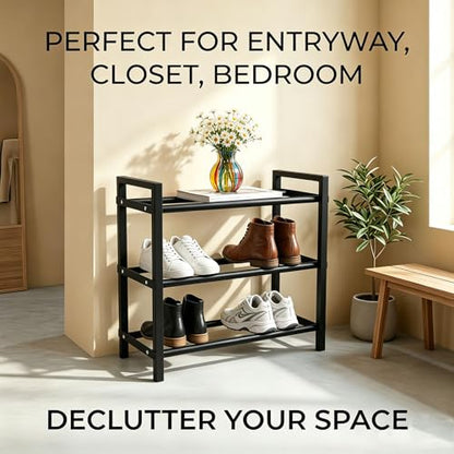 Expandable 3-Tier Metal Shoe Rack, Black Freestanding Storage Organizer | Telescopic, Adjustable, 60 lbs total load, Rust-proof metal, Quick Assembly for entryway closet Small Spaces - size: 3 Tier