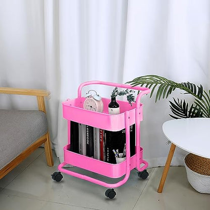 Melody House 2-Tier Metal Mesh Rolling Cart Storage Organizer with Utility Handle and Wheels, Multi-Functional Storage Trolley for Office Living Room Kitchen, Pink