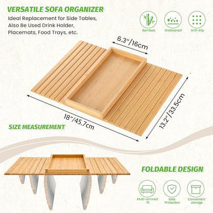 GEHE Bamboo Sofa Arm Tray, Foldable Couch Arm Tray Side Table, Anti-Falling Armrest Tables Cup Holder for Snacks, Drinks, Beers, Phone, Control, Flexible and Portable, Anti-Slip - color: Bamboo