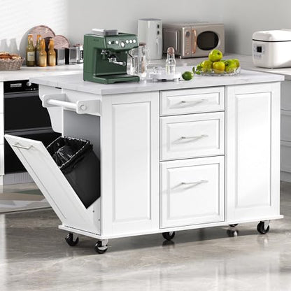 Kitchen Island with Trash Can Storage Cabinet and Faux Marble Top | White, 50.7" Rolling Kitchen Cart on Wheels with Drop Leaf, Spice Rack, Towel Rack and Adjustable Shelf for Dining Room - color: White