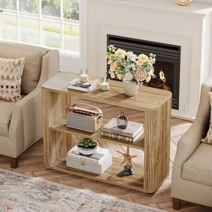 Tribesigns 3-Tier Narrow End Table, Fluted Nightstand, Bedside Table | Storage Shelves, Farmhouse Style, For Living Room, Bedroom, Small Spaces, Sofa Couch, Natural