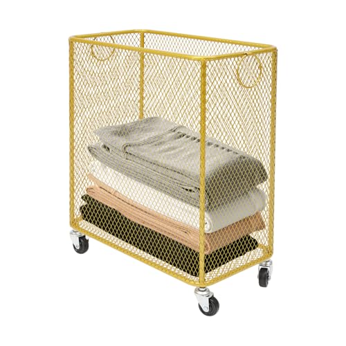 Wire Metal Rolling Laundry Basket On Wheels,Gold Mesh Wire Laundry Basket Storage Cart for Bathroom Bedroom Dirty Clothes Storage (I) - size: I