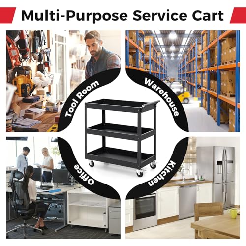 3-Tier Rolling Tool Cart, Mechanic Organizer Push Cart with 4 Universal Wheels & 2 Brakes, Heavy-Duty Metal Service Carts for Home, Kitchen, Warehouse, Garage (Black) - size: 3" Wheels