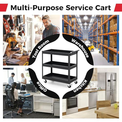 3-Tier Rolling Tool Cart, Mechanic Organizer Push Cart with 4 Universal Wheels & 2 Brakes, Heavy-Duty Metal Service Carts for Home, Kitchen, Warehouse, Garage (Black) - size: 3" Wheels