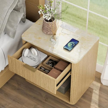 Fluted Nightstand with Drawer, Bedside Table with Faux Marble-Top, Modern Nightstand with Charging Station, Drawers and Open Shelf, Curved Corners, Modern Night Stand for Bedroom, Natural Oak - size: 1 PACK