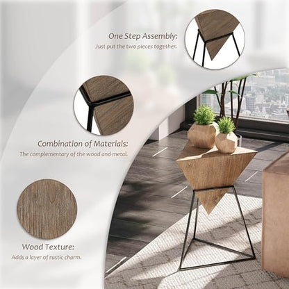 COZAYH Modern Geometric End Table with Wooden Top and Metal Base, Unique Pyramid Side Table Plant Stand for Office, Living Room, Bedroom, Fully Assembled, Triangle, Brown, Nature - color: Brown