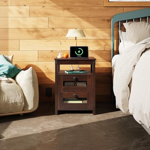 WLIVE Nightstand with Charging Station, Farmhouse End Table, Bed Side Table with 2 Storage Drawers and Open Shelf, Wood Rustic Nightstands for Bedroom, Espresso | Charging Station(2AC+2USB), Farmhouse Design (Cut-out Grills)，Storage(2 Drawers +1 Shelf), E