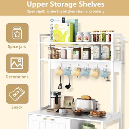 Kitchen Bakers Rack with Storage Shelf - 6-Tier Microwave Stand Oven Cabinet W/Tilting Trash Can Bin and Power Outlet, Farmhouse Thickened Coffee Bar Table Station W/6 Hooks&Adjustable feet - color: White