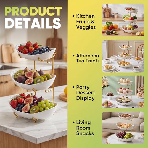 GIRAVO 3 Tier Ceramic Fruit Bowl with Metal Stand, Tiered Countertop Fruit Basket, Serving Tray Stand for Kitchen Counter, Fruit & Vegetable Storage, White Bowls with Gold Rack