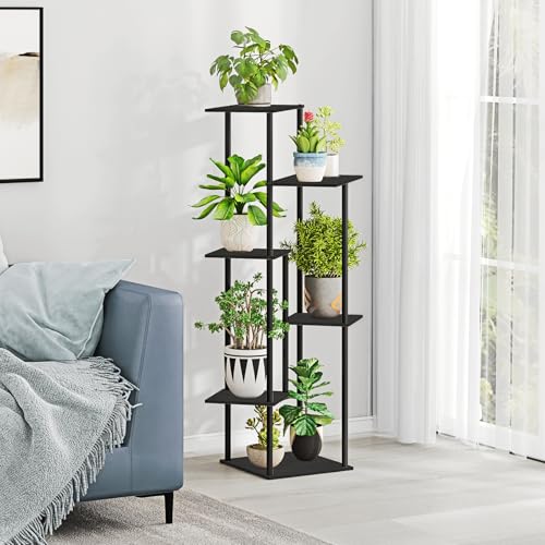 HAYOFAMY 6 Tier Black Plant Stand Indoor 43.7” Tall | Multiple Plant Shelf, Metal Wood Multiple, Flower Pot Holder for Living Room Office Balcony Patio