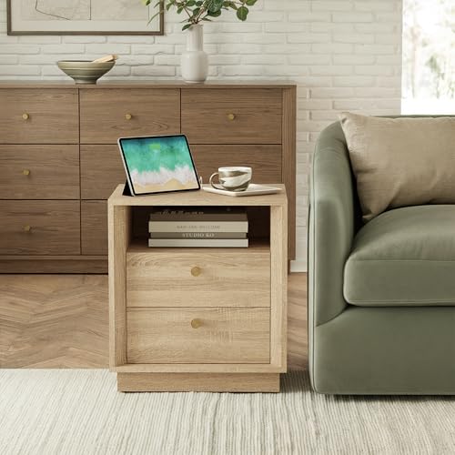 FORTUNETEC Nightstand with Charging Station, Mid Century Modern Nightstand with Wood Grain Texture, Boho End Table with Drawers Storage, Bedside Table for Bedroom Living Room Office, White Oak - color: White Oak, style: set of 1