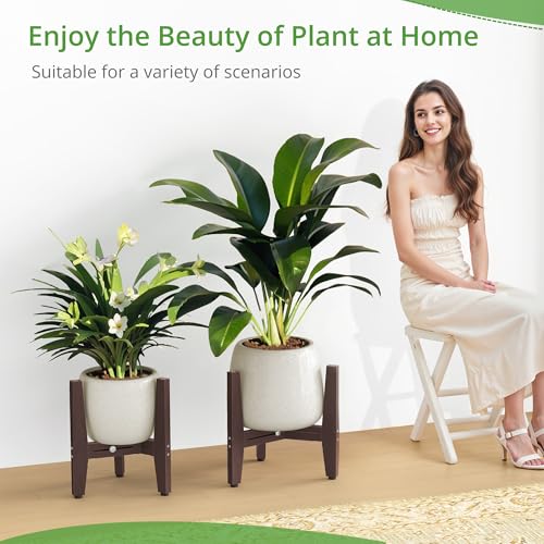 LUE BONA HDPS Plant Stand Indoor Outdoor, Adjustable Mid Century Modern Stand for Plants 8-12 Inch Pots, Coffee Brown - color: Coffee Brown