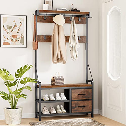 Lulive Hall Tree with Bench and Shoe Storage, 31.5” Coat Rack Freestanding | Rustic Brown, 5 in 1 Intelligent Design, 17 Hooks, 2 Drawers, Handy Clothes Rail - color: Rustic Brown, size: 11.8"D x 31.5"W x 70.9"H