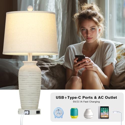 CINSARY 25" Retro White Farmhouse Jar Table Lamps Set of 2, 3 Way Touch Control Rustic Bedside Lamps with USB A+C Ports & AC Outlet, Pot Nightstand Lamps for Bedroom Living Room (LED Bulbs Included) - color: Retro White