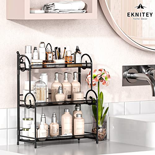 EKNITEY Bathroom Counter Organizer - 3 Tier Spice Rack(No Assembly) | Skincare Countertop Organizers, for Bathroom Kitchen Bedroom, Sturdy Metal Frame, Easy to Clean, Foldable, Black - color: Black