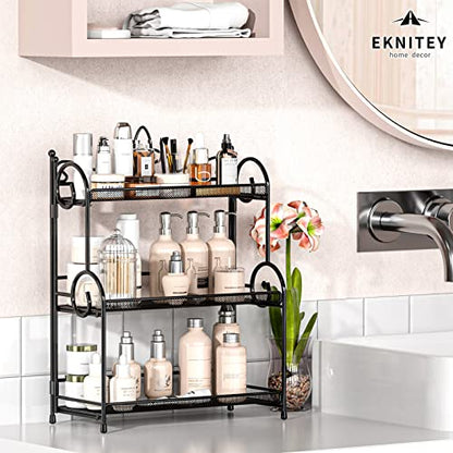 EKNITEY Bathroom Counter Organizer - 3 Tier Spice Rack(No Assembly) | Skincare Countertop Organizers, for Bathroom Kitchen Bedroom, Sturdy Metal Frame, Easy to Clean, Foldable, Black - color: Black