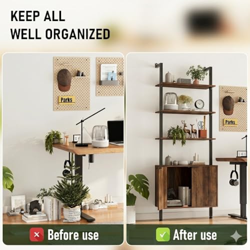 INNOD 74" Tall Bookshelf with Storage Cabinet, Modern Ladder Shelf with Wood and Metal Frame, Wall Mount Bookcase Open Display Shelf Furniture for Living Room, Bedroom, Home Office, Walnut - color: Walnut