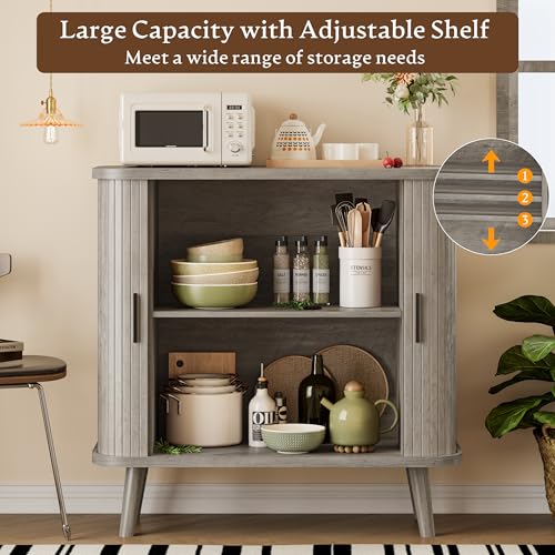 Sideboard Buffet Cabinet with Sliding Door, 31.5" Wide Fluted Modern Accent Storage Cabinet with Adjustable Shelves, Wood Coffee Bar Buffet Console Table for Kitchen, Dining Room, Living Room, Grey - color: Grey