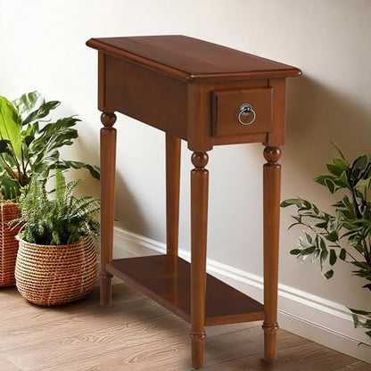 Leick Home Coastal End Table, Solid Wood, 1 Drawer, Bottom Display Shelf, Easy-Assembly, For Living Room/Bedroom, Rich Pecan Brown, 23.5 in. L x 10.0 in. W x 24 in. H, 20017-PC - color: Pecan