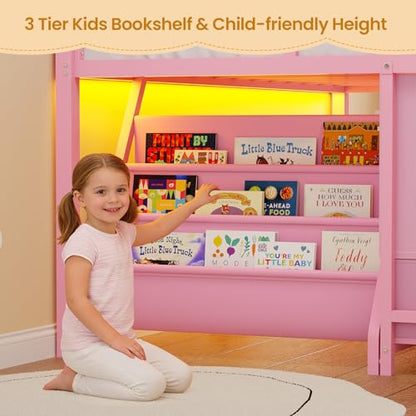 BTHFST Low Loft Bed Twin Size with 3 Storage Drawers, 3-Tier Kids Bookshelf, 5 Open Cubbies and 2 LED Lights Strips, Metal Kids Loft Bed with High Safety Guardrail, Inclined Ladder and Play Area - color: Pink