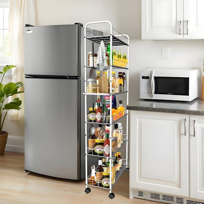 10in 6 Tier Slim Storage Cart with Wheels, Narrow Space Rolling Shelving Unit with Handle, Metal Wire Mobile Organizer Rack for Kitchen Bathroom Office Laundry - size: 10in White Cart with Handle