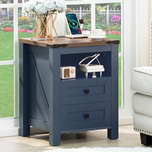 Joaxswe Nightstand with Charging Station, Farmhouse Night Stand with 2 Drawers and Shelf Storage, Blue Wooden Side End Table, Bedside Cabinet for Bedroom, Living Room, Closet,Office - color: Blue, size: 1 pack