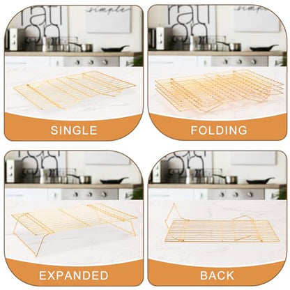Cooling Rack for Baking 3 Tiers, 16" x 10" Cookie Cooling Wire Rack Stackable Collapsible Nonstick, Stainless Steel Baking Cooking Cooling Racks with Optimum Air Flow, Gold - color: Gold, size: 16"x10"-3Tier