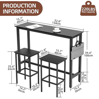Finnhomy 52.7" Industrial Bar Table Set with 2 Stools - Counter Height Dining & Pub Table for Small Spaces, Kitchen, Apartment, Breakfast Nook - Metal & Wood, Space-Saving Furniture - Rustic Black - color: Rustic Black, size: 52.7" Bar Table