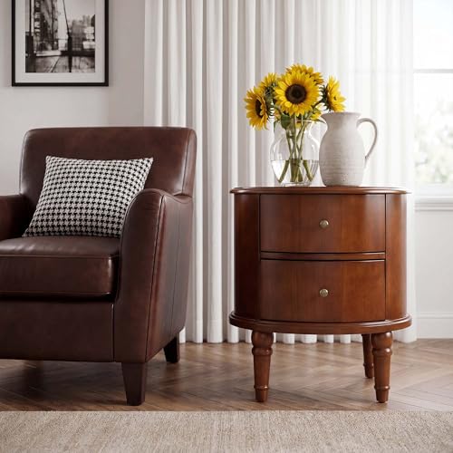Round Solid Wood End Table with 2 Drawers and Fully Assembly | Beside Table for Couch, American Style Nightstand for Bedroom, Telephone Table for Living Room, Small Space Accent Table - size: 20.1" H End Table