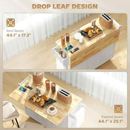 HOMCOM Kitchen Island with Drop Leaf and Power Outlet, Rolling Cart with Storage Cabinets, Solid Wood Island Table on Wheels for Kitchen with 3 Drawers, Towel Bars, Spice Rack, White - color: White