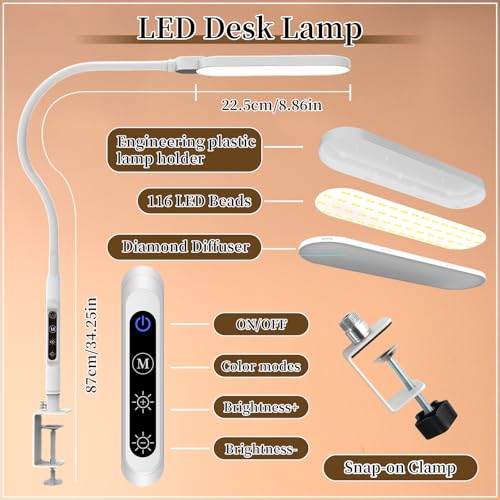 BQAN LED Desk Lamp with Clamp 15W Eye-Caring Clip on Light for Home White | 5 Modes & 9 Brightness | Adjustable Gooseneck | Touch Dimmer | Clamp Desk Design | For Reading, Study, Nail Art, Work - color: White
